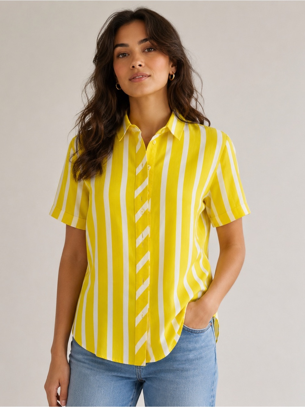 Vintage Claudia USA‎ Yellow White Striped Button Front Blouse Top